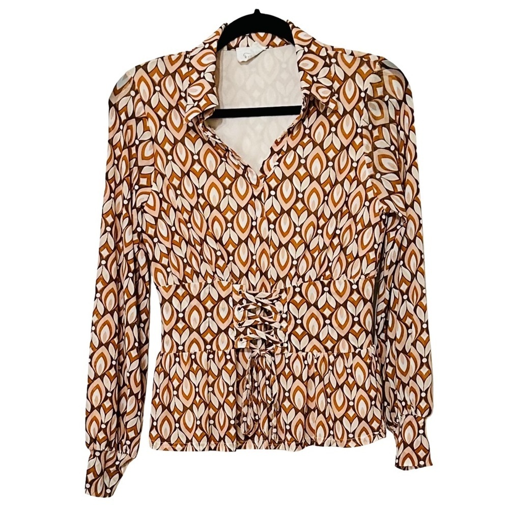 EMBER Brown Geometric Lace-Up Peplum Blouse Women’s Size M Long Sleeve Top